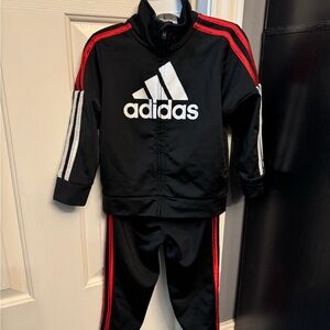 Adidas Black and Red jogger Set with Signature Stripes 2T